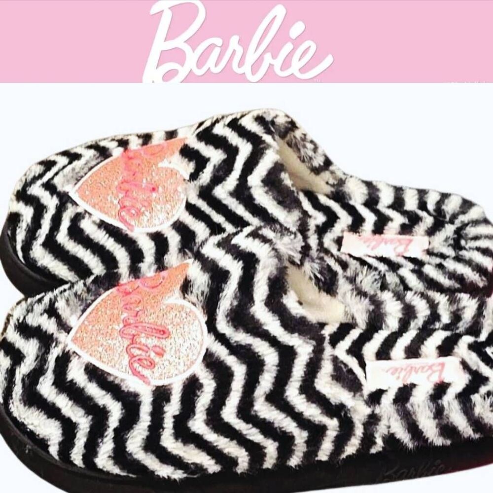 Barbie Zebra Print Glitter Heart Logo Memory Foam Slippers